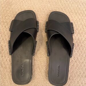 Vince Black Crisscross Leather Slide Sandals